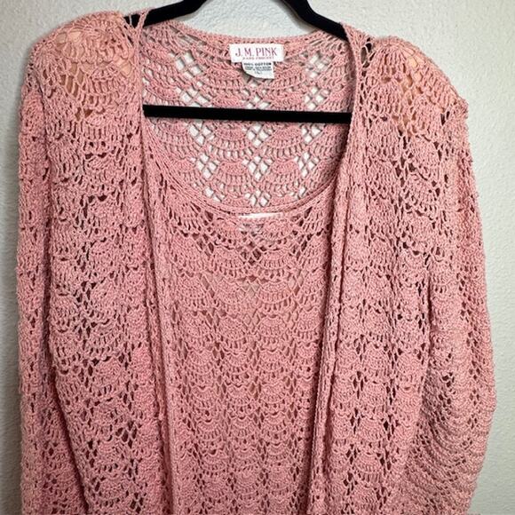 Vintage J.M. Pink Hand Crochet Blush Pink Dress and Cardigan Sz Large - Picture 14 of 16